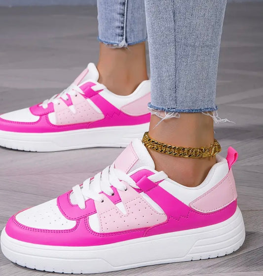 Women's Bright Pink & white colorblock sneakers - Lace-Up casual Shoes with Non-Slip EVA Sole, Synthetic Cover-like Upper, Lightweight Everyday & Formal Footwear for Women, Ladies Sneakers, Comfortable Shoes, Sleek Shoe Design, Trendy Sneakers, Breathable