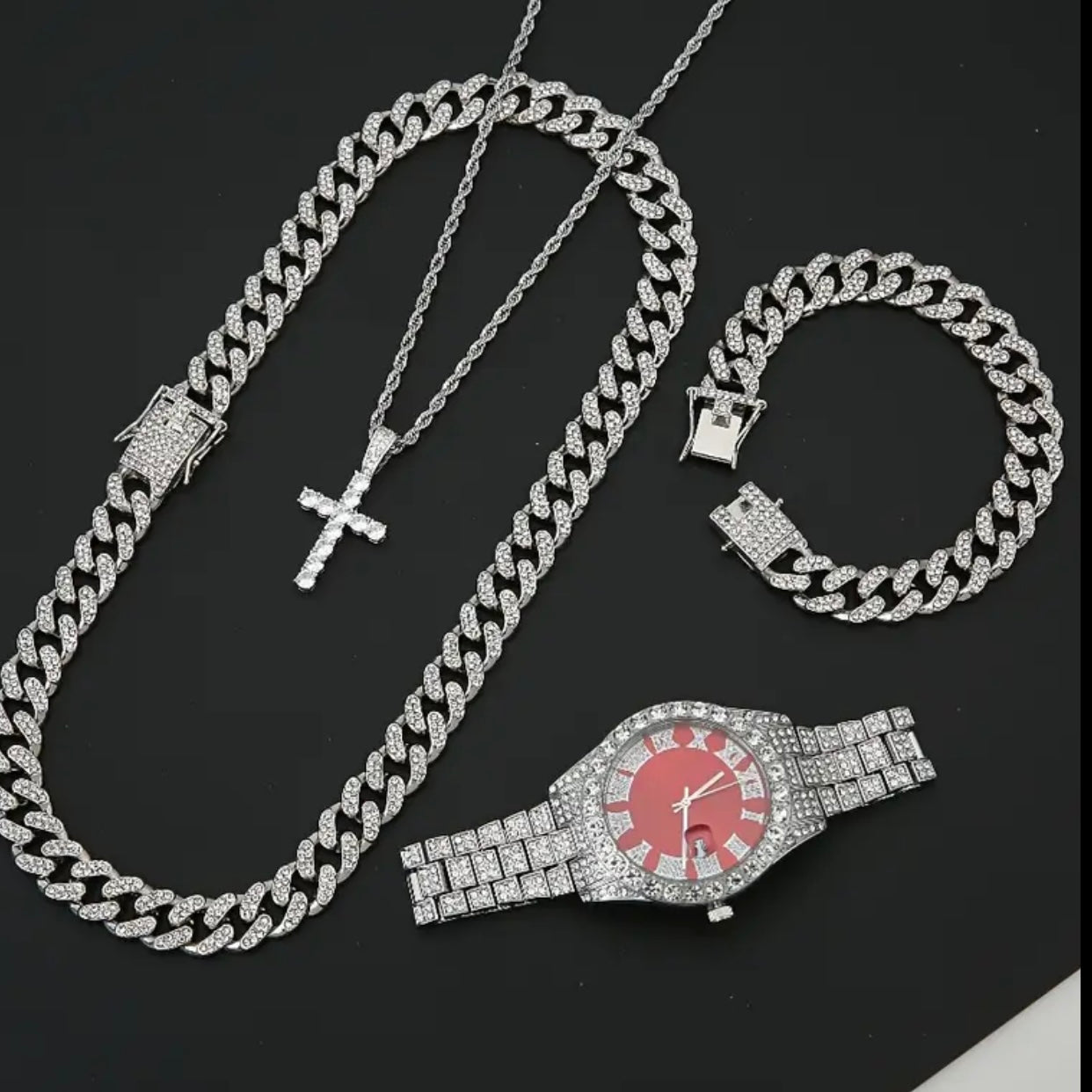 Set Of 4 Pieces, Men's Watch Set, Men's Cuban Necklace Bracelet Set, Men's And Women's Holiday Gifts, Christmas Gifts