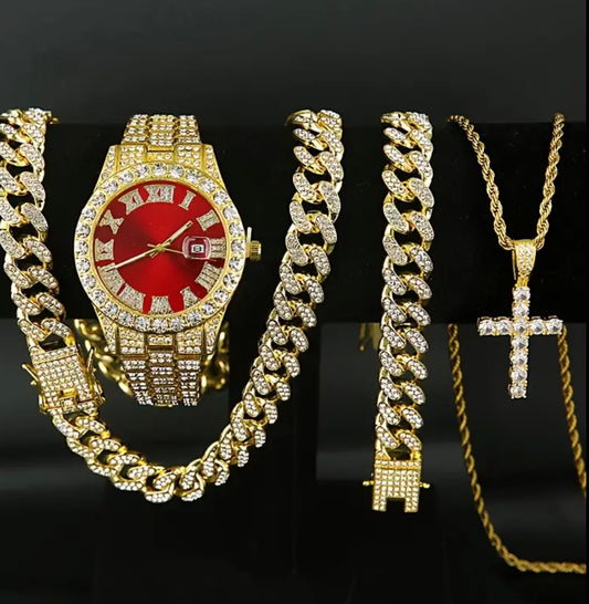 Set Of 4 Pieces, Men's Watch Set, Men's Cuban Necklace Bracelet Set, Men's And Women's Holiday Gifts, Christmas Gifts