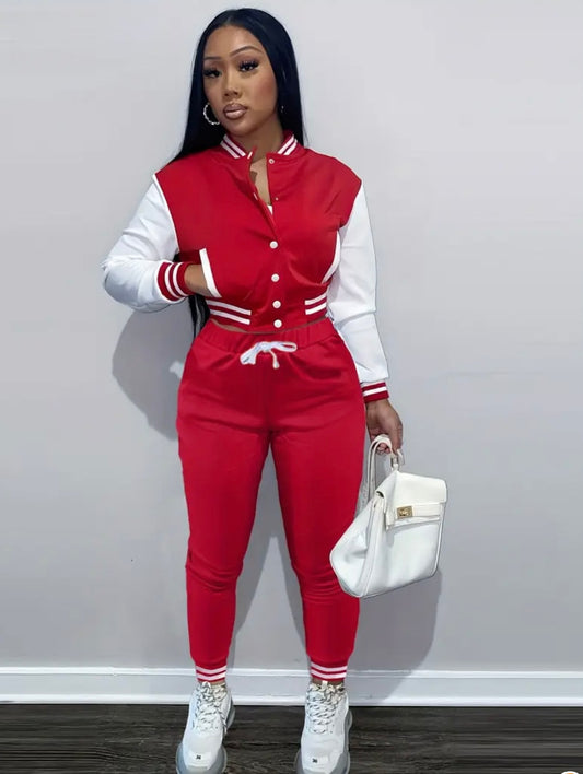 Women'S Navy Blue & White Baseball Jacket and Jumpsuit Set - Casual Two-Piece with Drawstring Waist, Button-Up Collar, and White Sneakers, Casual | Casualwear | Buttoned Closure