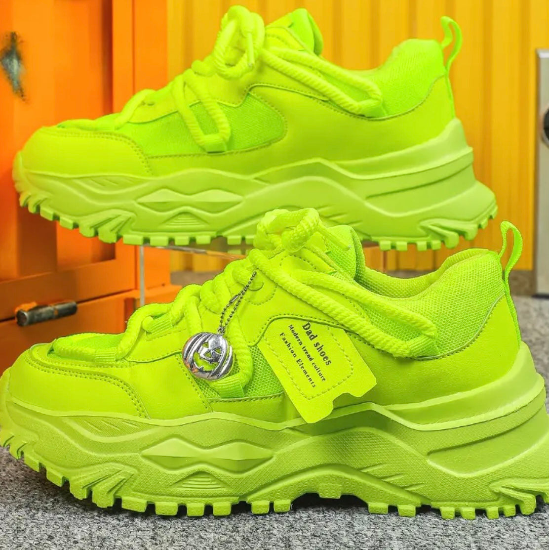 Women'S Neon Green Platform Sneakers - Breathable Low-Top Lace-Up Casual Shoes with EVA Sole, Comfortable for Outdoor Sports, School, Daily Wear & Parties - Perfect Halloween & Christmas Gift, Ladies Sneakers, Neon Green Lace Up Trainer
