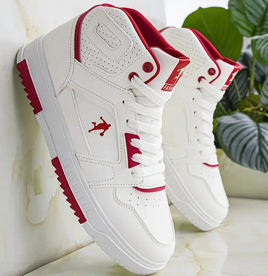 [Men's Low-Top Sneakers] Men's Low-Top Sneakers - White & Red Accent Sneakers, Synthetic Upper & Cushioned PVC Sole for Gym, Running, Hiking, Everyday - Lace-Up Closure, Lightweight & Durable for Casual & Formal Events, Gym Footwear, Sporty Look, Breathab