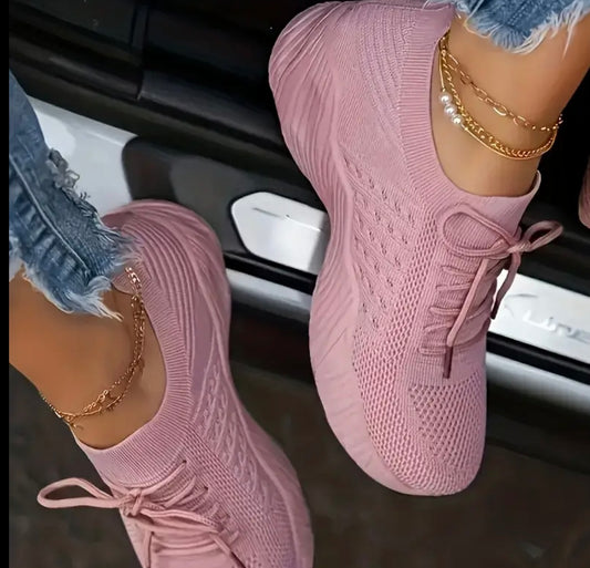[Lightweight Sneakers] Lightweight Women's Breathable Knit Sneakers - Low-Top Lace-Up Running Shoes | All-Season Comfort, Pink Casual Sneakers for Casual Attire, EVA Sole, Fashion Sneakers