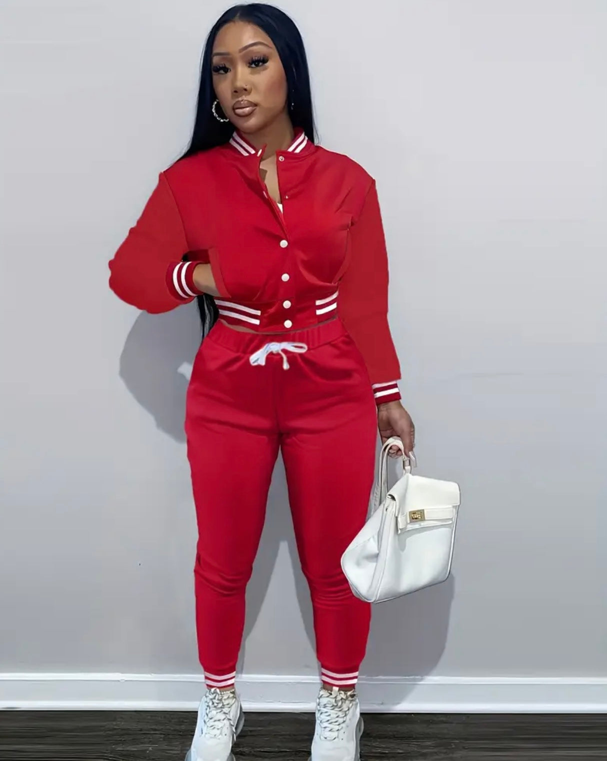 Women'S Navy Blue & White Baseball Jacket and Jumpsuit Set - Casual Two-Piece with Drawstring Waist, Button-Up Collar, and White Sneakers, Casual | Casualwear | Buttoned Closure