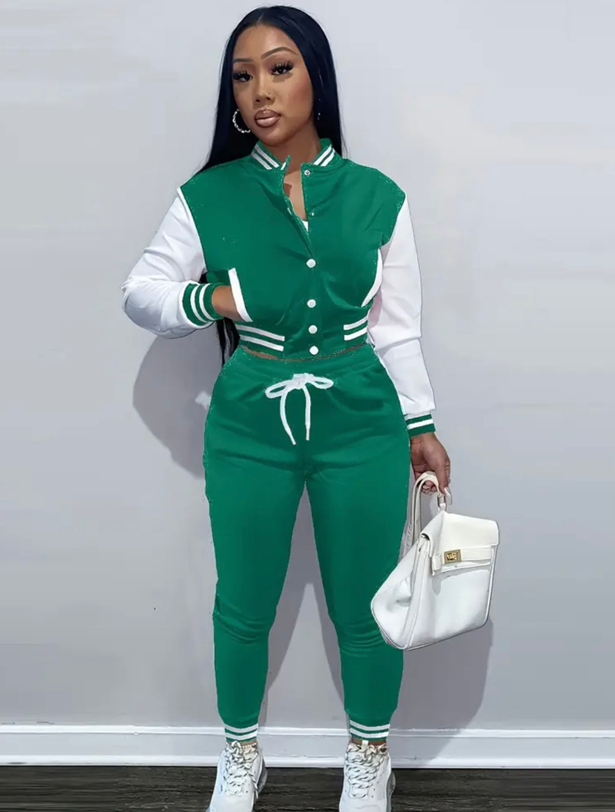 Women'S Navy Blue & White Baseball Jacket and Jumpsuit Set - Casual Two-Piece with Drawstring Waist, Button-Up Collar, and White Sneakers, Casual | Casualwear | Buttoned Closure
