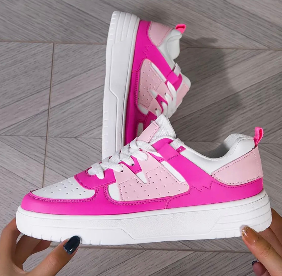 Women's Bright Pink & white colorblock sneakers - Lace-Up casual Shoes with Non-Slip EVA Sole, Synthetic Cover-like Upper, Lightweight Everyday & Formal Footwear for Women, Ladies Sneakers, Comfortable Shoes, Sleek Shoe Design, Trendy Sneakers, Breathable