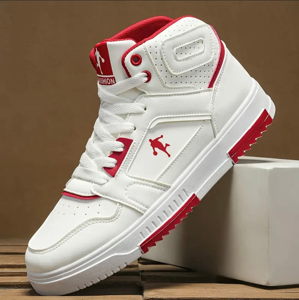 [Men's Low-Top Sneakers] Men's Low-Top Sneakers - White & Red Accent Sneakers, Synthetic Upper & Cushioned PVC Sole for Gym, Running, Hiking, Everyday - Lace-Up Closure, Lightweight & Durable for Casual & Formal Events, Gym Footwear, Sporty Look, Breathab