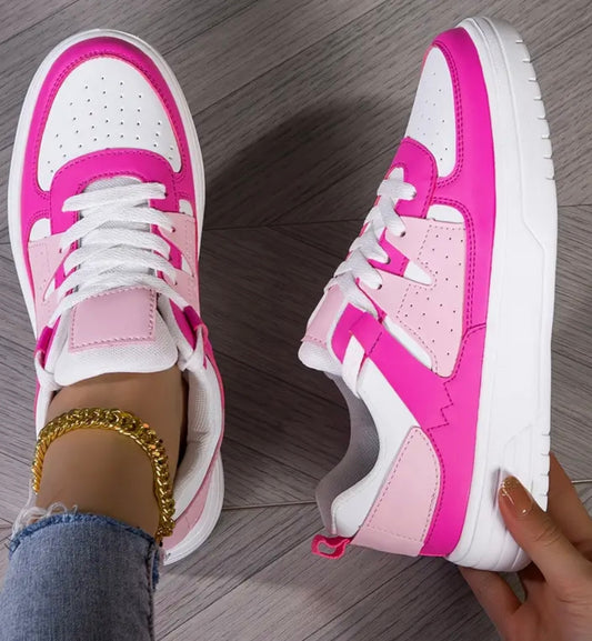 Women's Bright Pink & white colorblock sneakers - Lace-Up casual Shoes with Non-Slip EVA Sole, Synthetic Cover-like Upper, Lightweight Everyday & Formal Footwear for Women, Ladies Sneakers, Comfortable Shoes, Sleek Shoe Design, Trendy Sneakers, Breathable