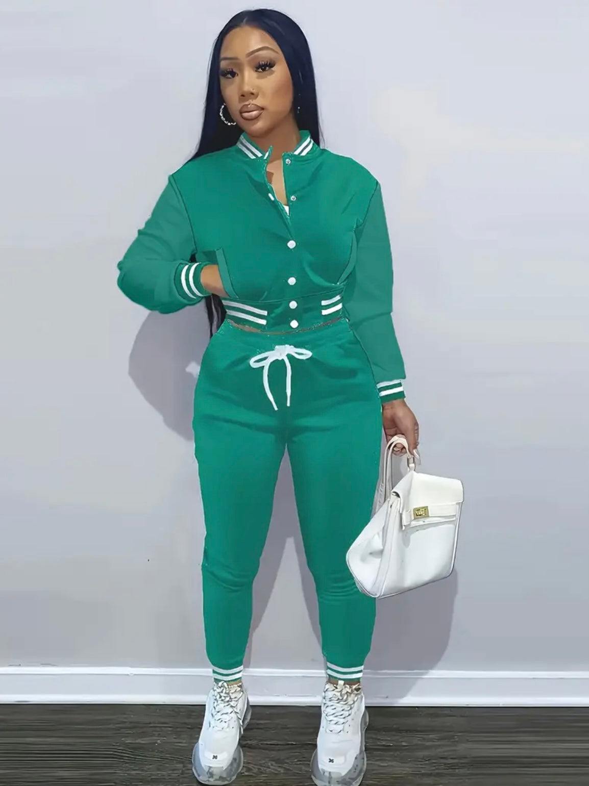 Women'S Navy Blue & White Baseball Jacket and Jumpsuit Set - Casual Two-Piece with Drawstring Waist, Button-Up Collar, and White Sneakers, Casual | Casualwear | Buttoned Closure