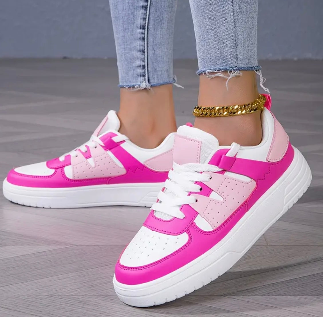 Women's Bright Pink & white colorblock sneakers - Lace-Up casual Shoes with Non-Slip EVA Sole, Synthetic Cover-like Upper, Lightweight Everyday & Formal Footwear for Women, Ladies Sneakers, Comfortable Shoes, Sleek Shoe Design, Trendy Sneakers, Breathable
