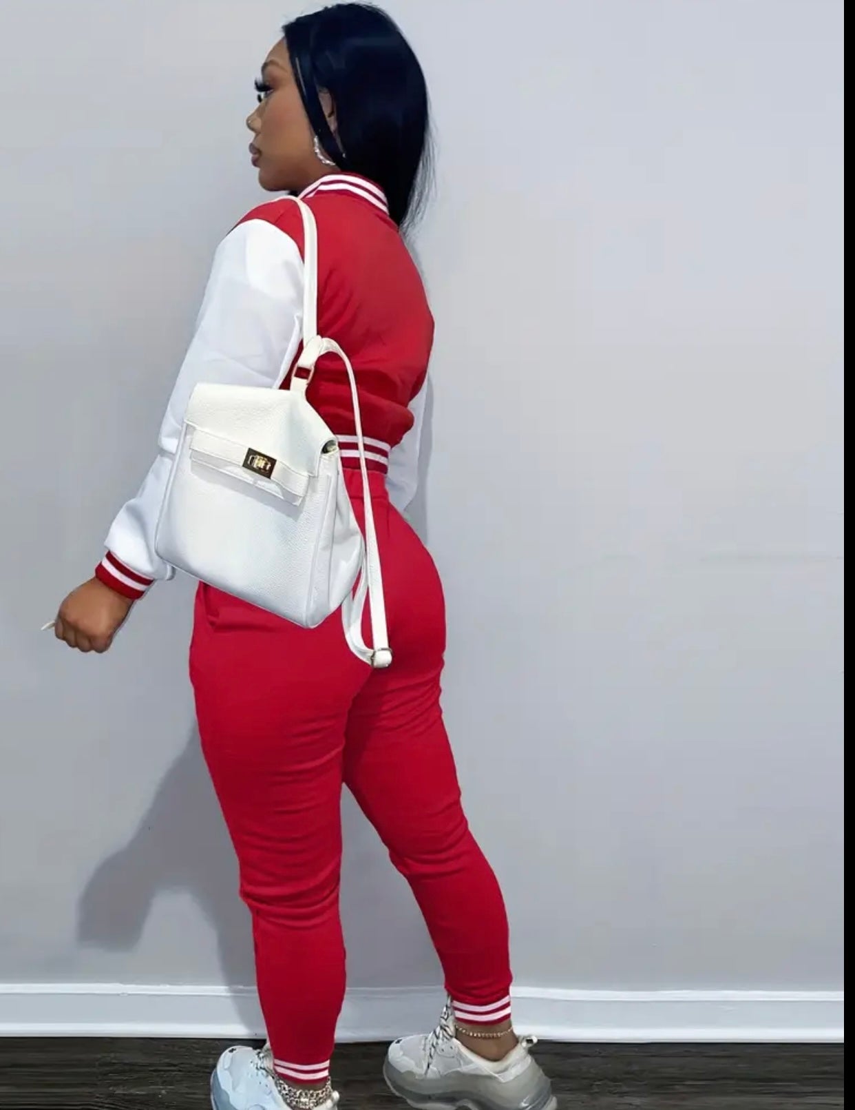Women'S Navy Blue & White Baseball Jacket and Jumpsuit Set - Casual Two-Piece with Drawstring Waist, Button-Up Collar, and White Sneakers, Casual | Casualwear | Buttoned Closure