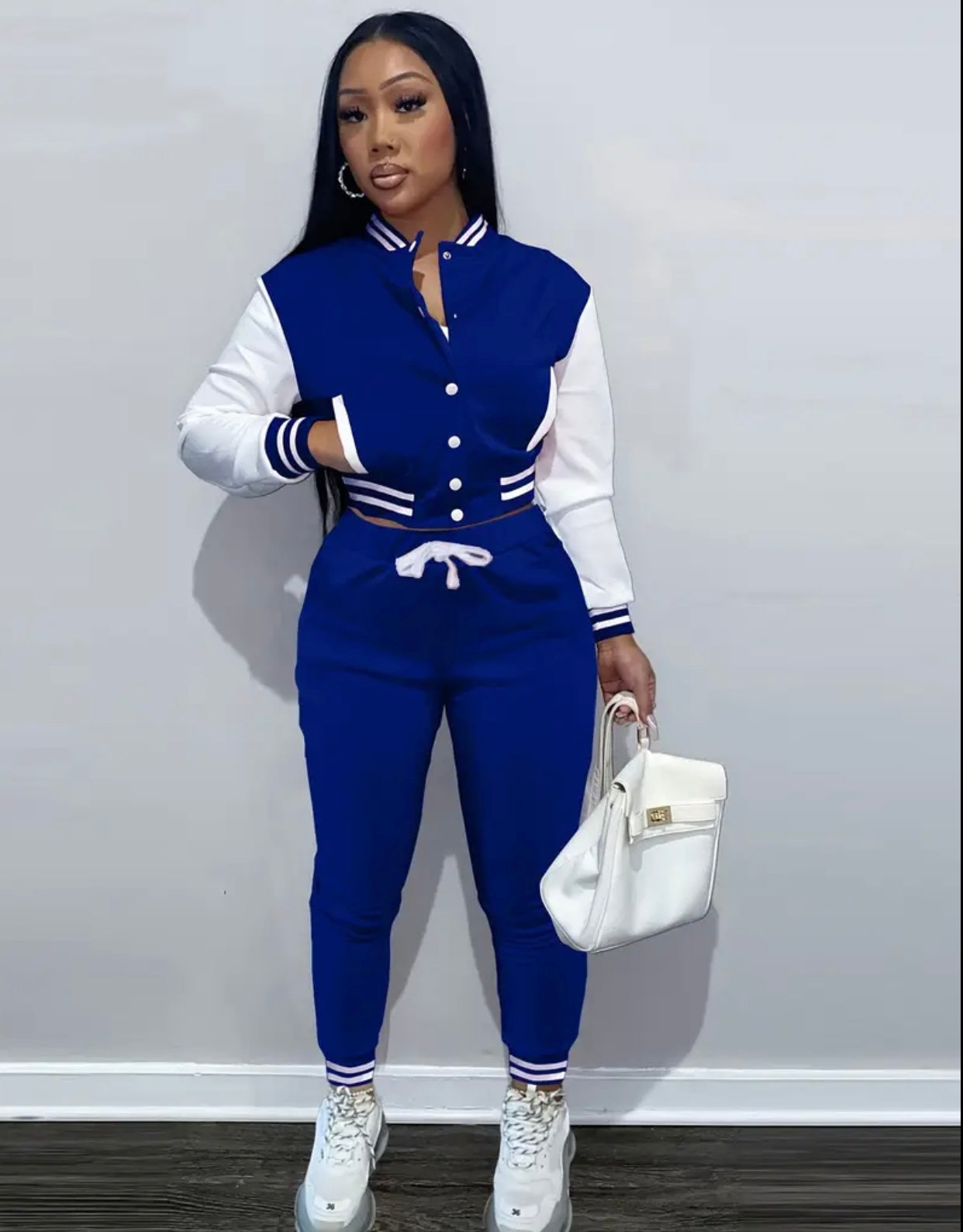 Women'S Navy Blue & White Baseball Jacket and Jumpsuit Set - Casual Two-Piece with Drawstring Waist, Button-Up Collar, and White Sneakers, Casual | Casualwear | Buttoned Closure