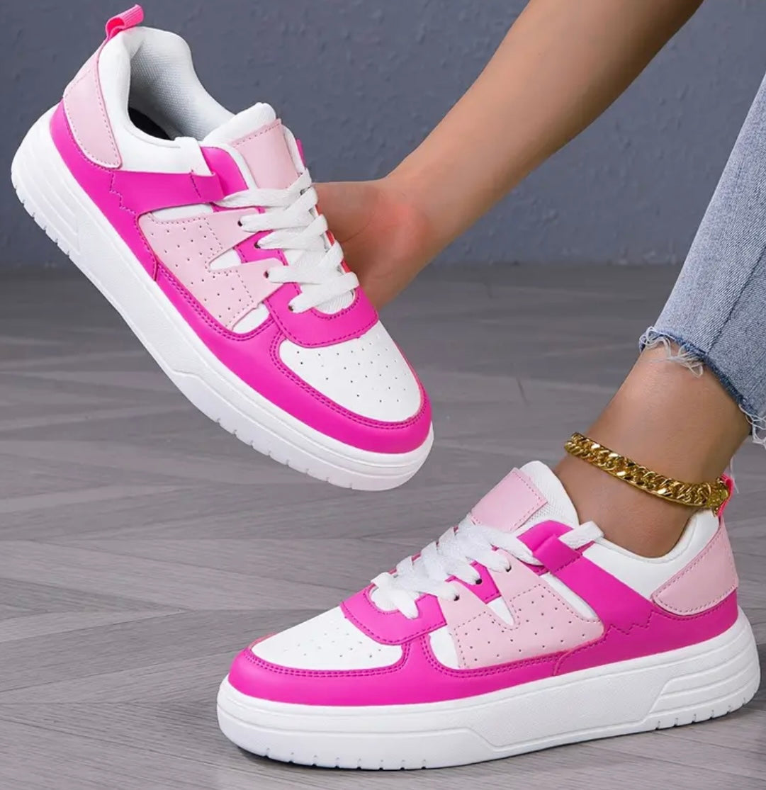 Women's Bright Pink & white colorblock sneakers - Lace-Up casual Shoes with Non-Slip EVA Sole, Synthetic Cover-like Upper, Lightweight Everyday & Formal Footwear for Women, Ladies Sneakers, Comfortable Shoes, Sleek Shoe Design, Trendy Sneakers, Breathable