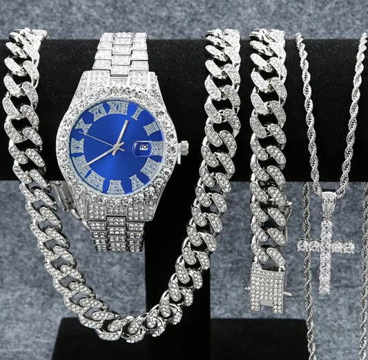 Set Of 4 Pieces, Men's Watch Set, Men's Cuban Necklace Bracelet Set, Men's And Women's Holiday Gifts, Christmas Gifts