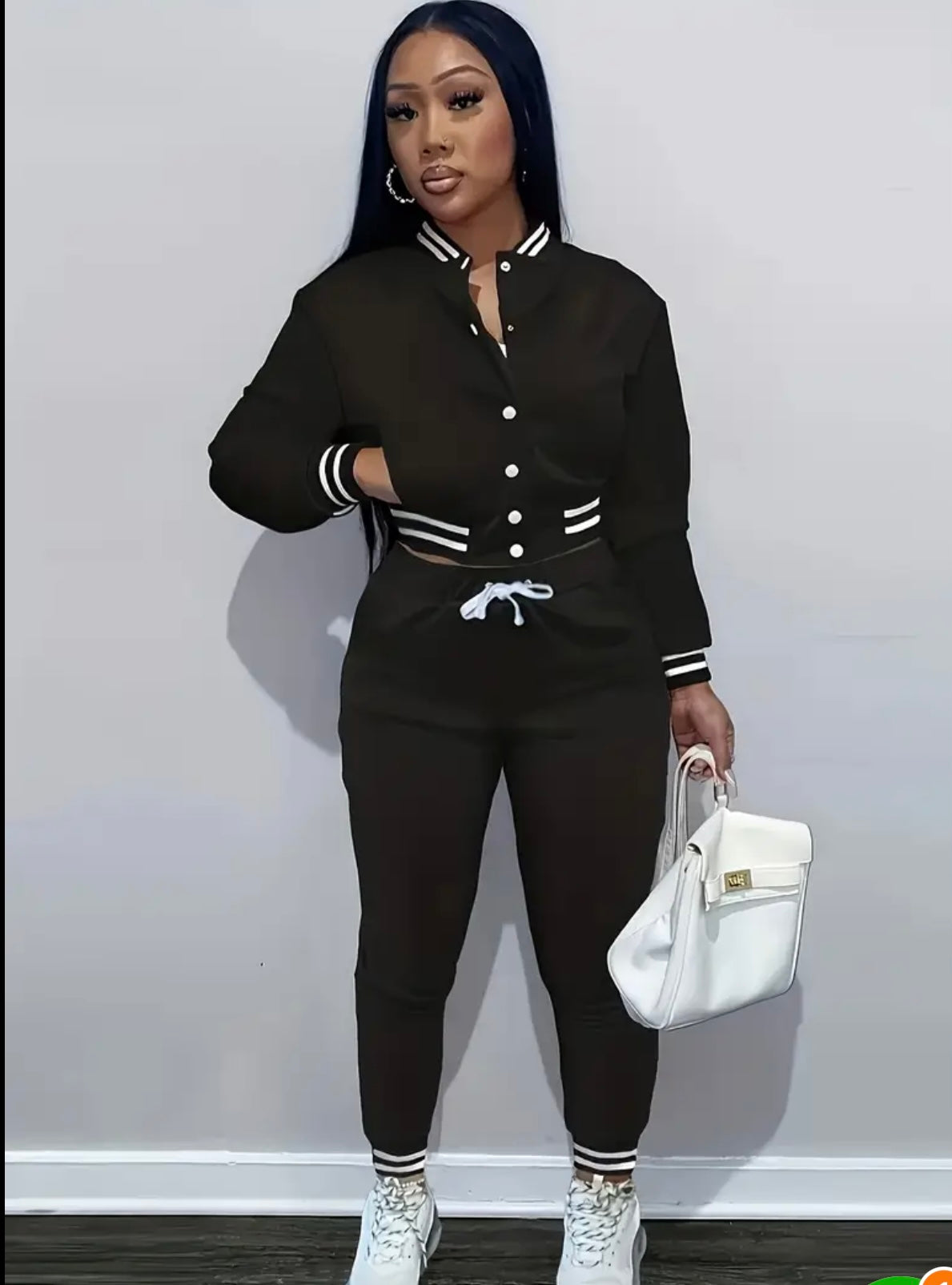 Women'S Navy Blue & White Baseball Jacket and Jumpsuit Set - Casual Two-Piece with Drawstring Waist, Button-Up Collar, and White Sneakers, Casual | Casualwear | Buttoned Closure